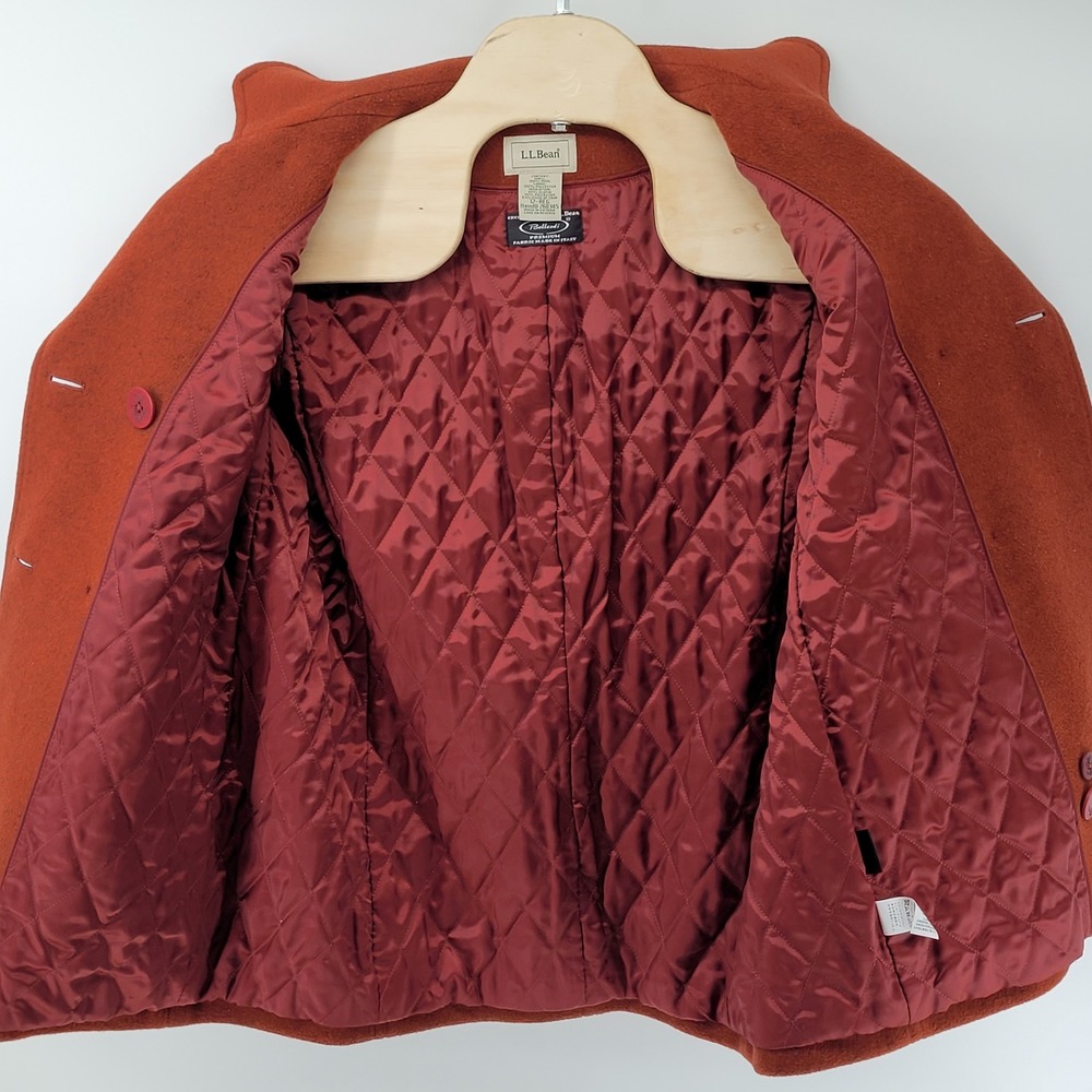 LL Bean Pea Coat Womens 12 Rust Orange Wool Quilted Lining Anchor Buttons 260345 - Picture 8 of 8